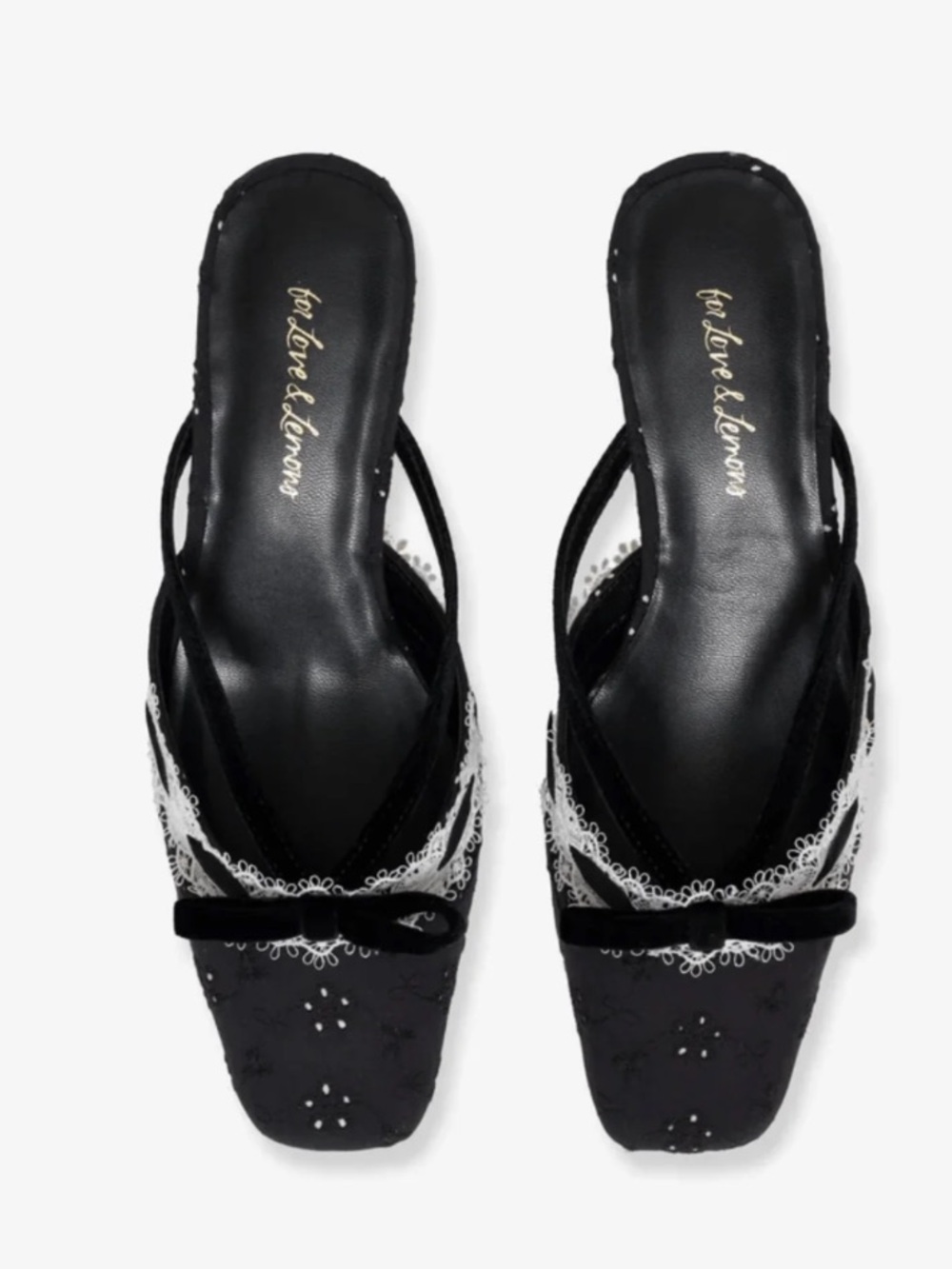 For Love & Lemons Liona Eyelet Lace Trim Bow Mule Heel in Black & White NEW 38